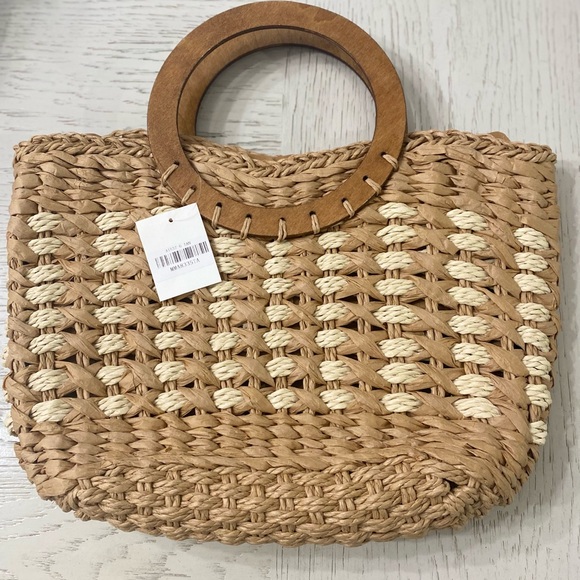 Source Unknown Handbags - Boutique Tan & Cream Braided Woven Faux-Rattan Tote Clutch Handbag Wooden Handle